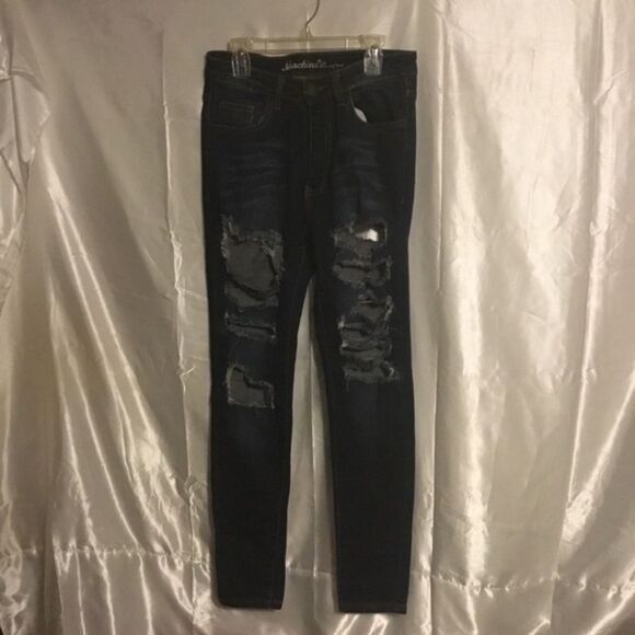 Machine Front Back Destroyed  Dark Wash High Waist Skinny Jeans 5 - Picture 1 of 4